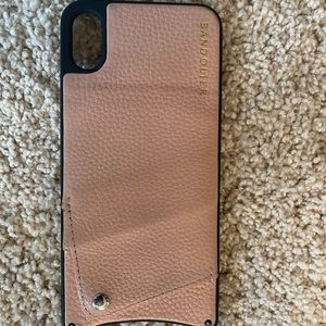 Bandolier iPhone XS Max Crossbody. Pink pebble leather with silver accents.